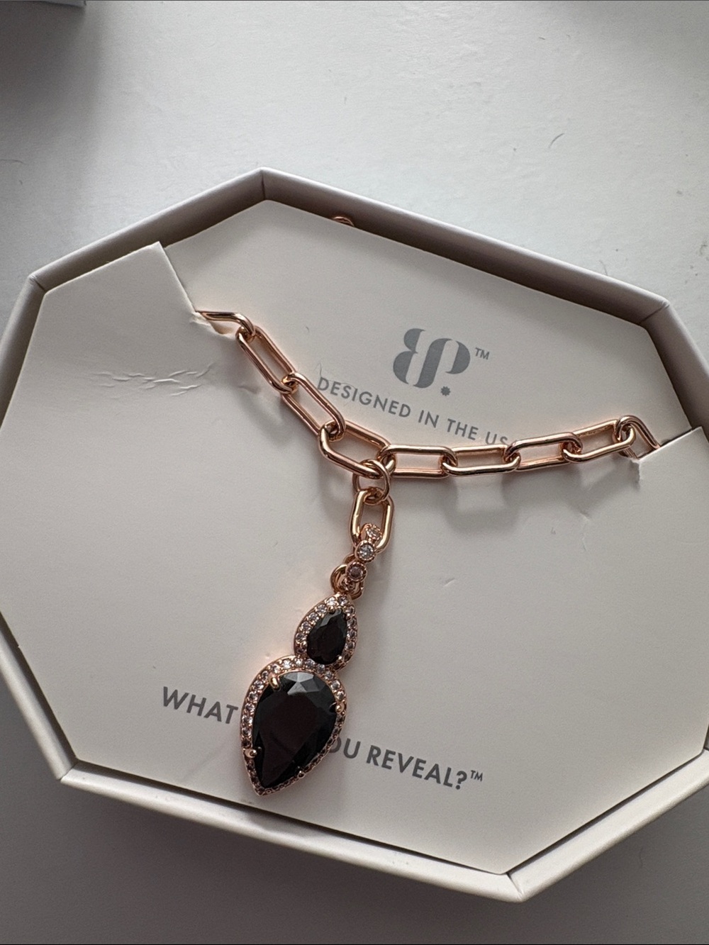 Rose Gold Chain Necklace with Black Onyx Teardrop Pendant